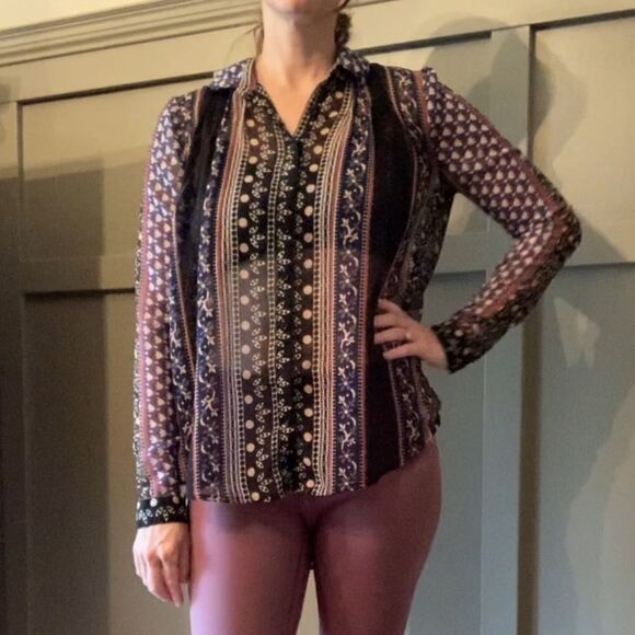 𝅺FREE People Sheer Button Down Top Boho Floral - Picture 1 of 11